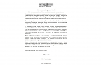 On 22.02.2019, the Portuguese Parliament unanimously condemned the recent terror attack in Pulwama, Jammu and Kashmir, India.